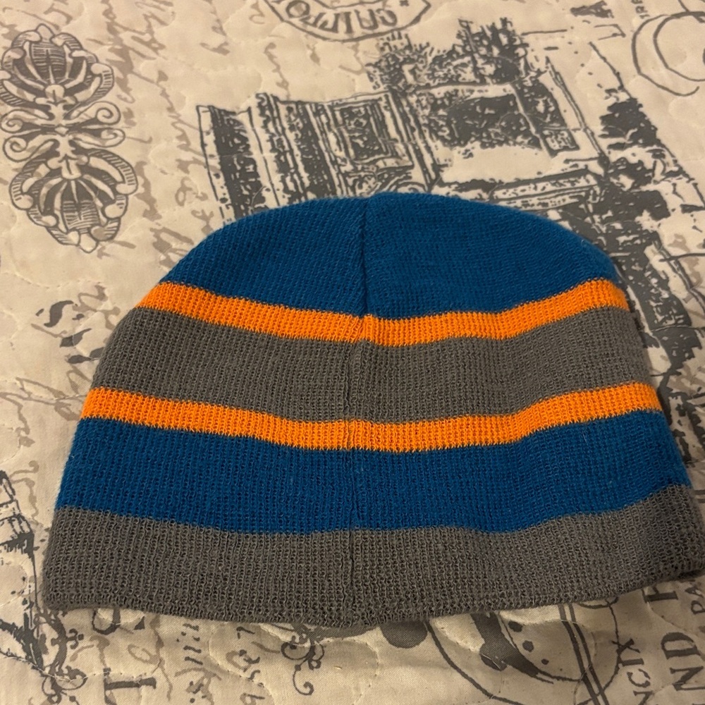 Kids Striped Beanie - Blue, Gray, and Orange